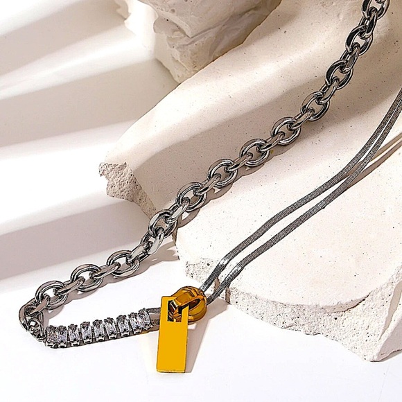 Sterling Silver Chain Link Zircon Zipper Herringbone Punk Choker Necklace - Picture 10 of 14